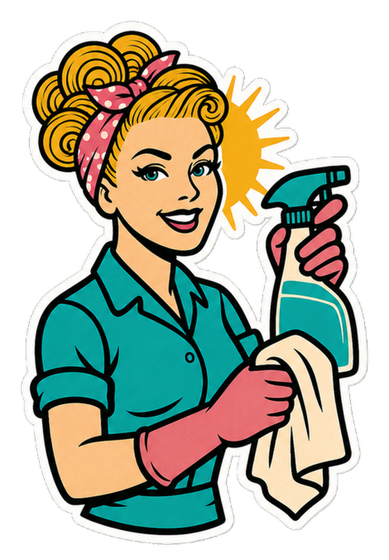 Sunshine Cleaners mascot, a retro pop-art woman raising a spray bottle